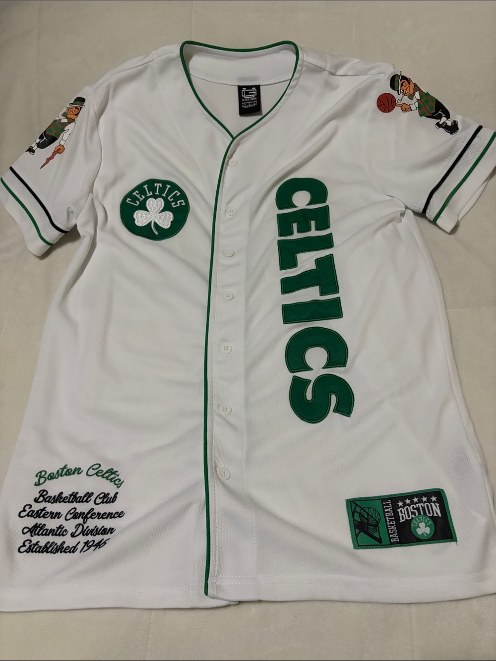 Boston Celtics White & Green Button-Up Baseball Jersey